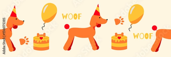 Fototapeta Seamless festive pattern of cute dogs in colorful hats. A puppy party.  Vector illustration