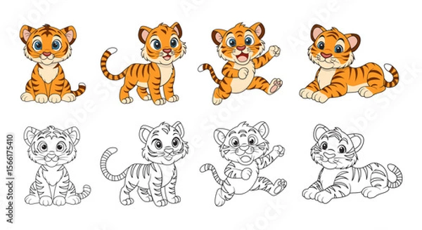 Fototapeta Coloring page for kids cute baby tiger cub. A set of vector illustrations of a tiger in different poses.