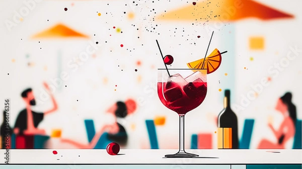 Fototapeta A colorful cocktail is the centerpiece of this eye-catching bar scene. Vibrant illustration of Aperol Spritz in a glass with ice, a slice of orange, and cherries, with people blurred in the background