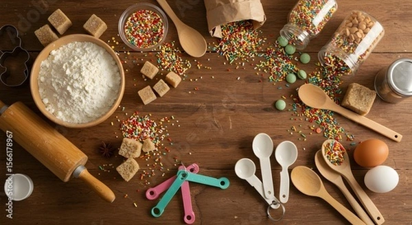 Obraz Baking ingredients and tools on wooden surface