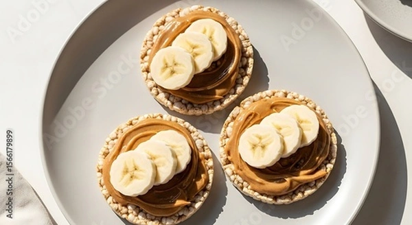 Fototapeta Three rice cakes topped with peanut butter and banana slices on a gray plate under bright light.