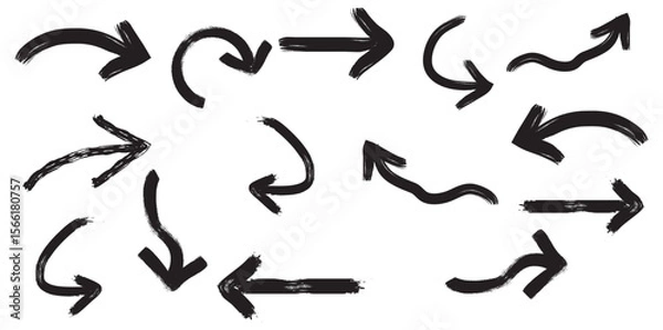 Obraz Ink brush black and white arrows. Brush stroke set of black arrows. Vector Grunge Arrows Collection. 
