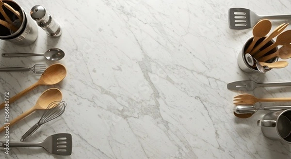 Obraz Kitchen utensils on marble countertop