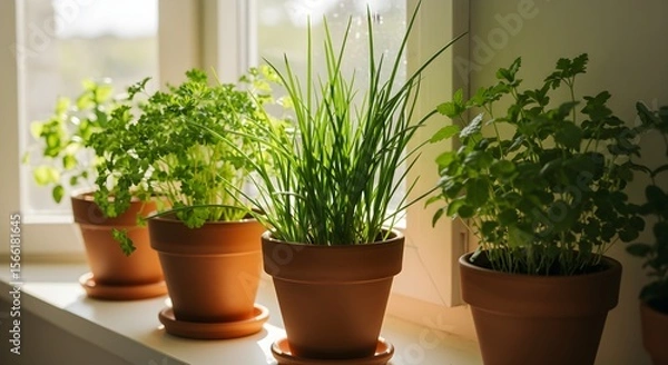 Obraz Potted herbs on windowsill