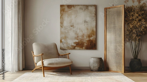 Fototapeta Stylish composition of modern cozy living room interior with structure painting on the wall, beige armchair, folding screen
