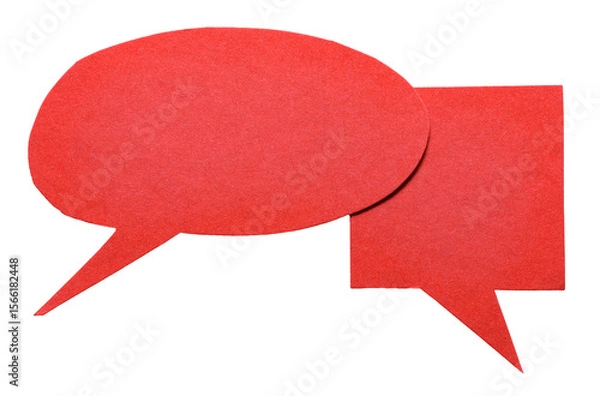 Fototapeta Red blank cut out cardboard paper speech bubbles with rough edges and copy space for text on transparent png background conversation discussion design element