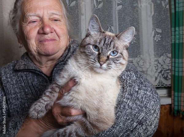 Obraz Elderly woman with cat in rustic interior