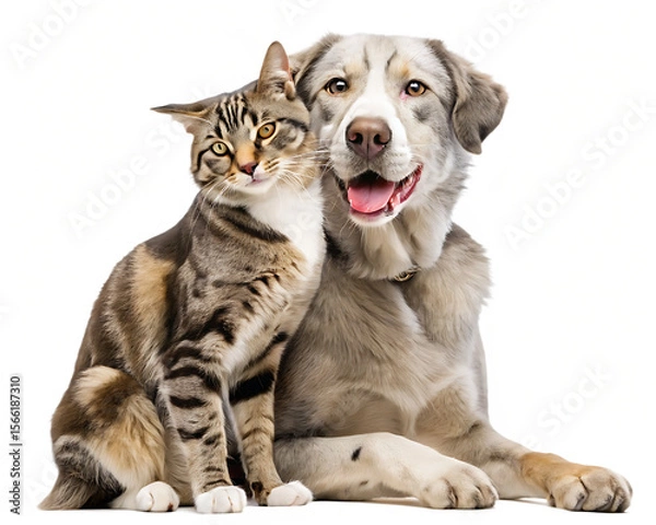 Fototapeta Tabby cat and dog friendship isolated on a transparent background