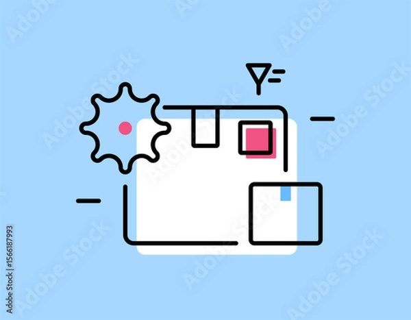 Fototapeta an inventory management concept. managing or organizing supplies and resources. illustration of a cardboard or box symbol with gears. red blue white colors. outline flat style design. blue background