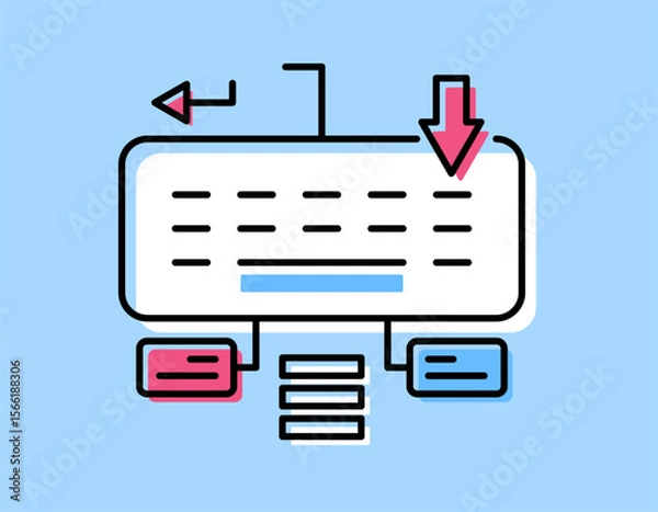Fototapeta a data entry concept. entering, updating, and managing data into a computer system or database. illustration of keyboard and information symbols. red blue white colors. outline flat style design. blue