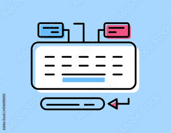 Fototapeta a data entry concept. entering, updating, and managing data into a computer system or database. illustration of keyboard and information symbols. red blue white colors. outline flat style design. blue