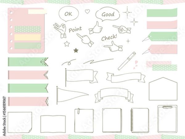Obraz 手描きの可愛いメモやフレーム、あしらいのイラスト素材セット