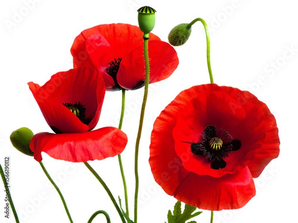 Fototapeta Vibrant red poppies with green buds isolated on a transparent background