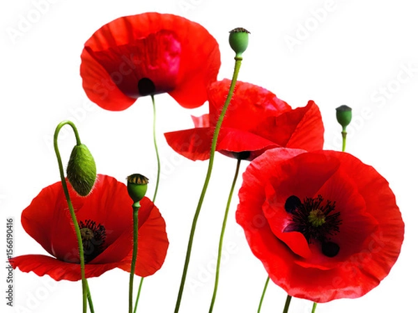 Fototapeta Vibrant red poppies with green buds isolated on a transparent background