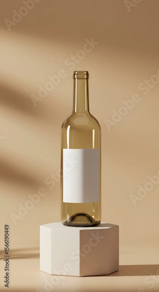 Fototapeta Amber Glass Wine Bottle Mockup: Minimalist Beige Background, Blank Label, Elegant Studio Lighting, Product Presentation,  Branding Template,  Clean Design,  Modern Aesthetic,  High-Resolution Image.