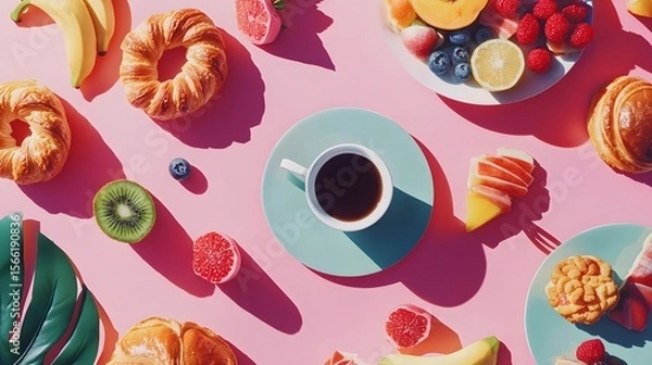Obraz 60. Overhead shot of a vibrant breakfast spread with pastries, fruit, and coffee