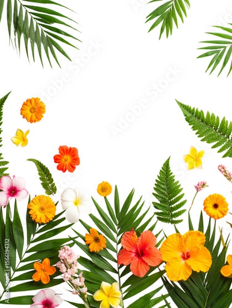 Fototapeta Various leaves with summer flowers, isolated on white background.