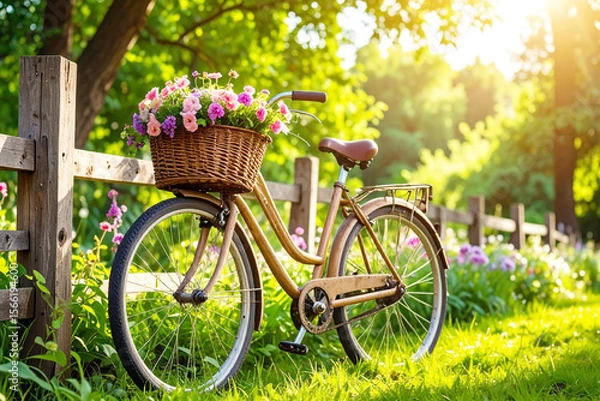 Fototapeta Good morning with flowers in a bicycle basket