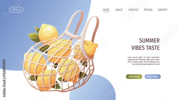 Fototapeta Web page design with lemons in a reusable net bag. Vector illustration for promo, website, banner.