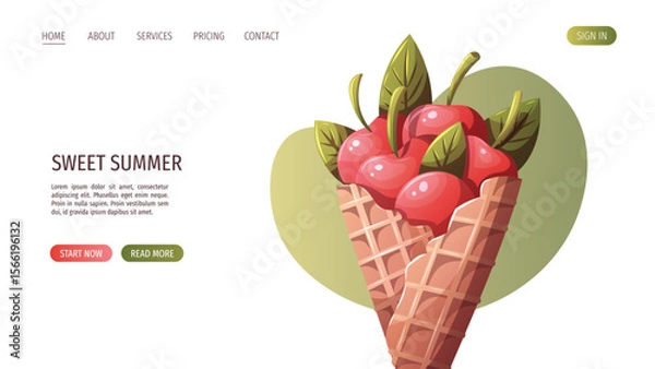 Fototapeta Web page design with cherries in a waffle cone. Vector illustration for website, promo, banner.