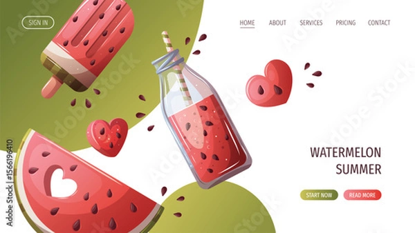 Fototapeta Web page design with watermelon slice, smoothie, popsicle. Vector illustration for promo, website, banner.