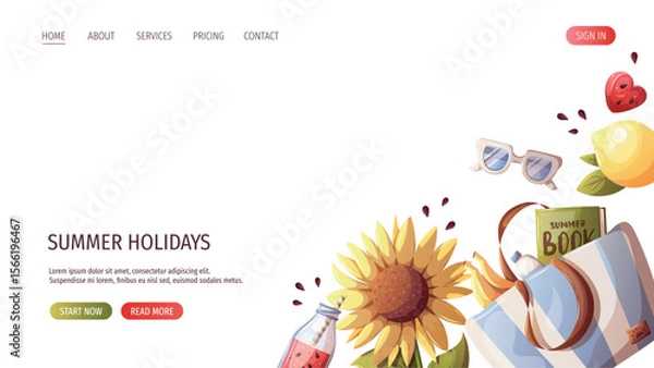 Fototapeta Web page design with sunflower, beach bag, lemon, watermelon smoothie, sunglasses. Vector illustration for promo, website, banner.