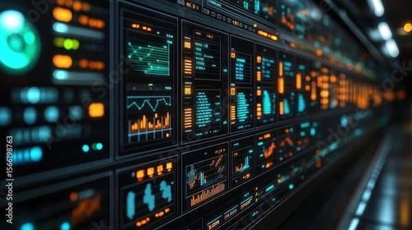 Fototapeta Digital display wall with multiple information panels.