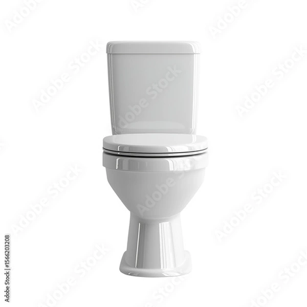 Fototapeta White ceramic toilet isolated on a transparent background. Standard bathroom fixture with tank, bowl, and seat, front view. Used in restroom interiors, plumbing mockups, and sanitation visuals.
