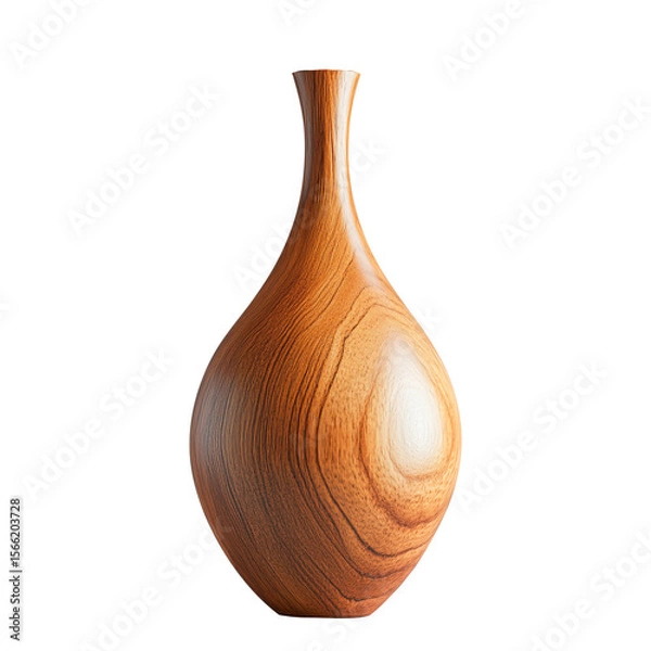 Fototapeta Wooden vase isolated on a transparent background. Smooth surface with visible wood grain structure. Tall form with narrow neck and rounded bottom. Used in visualization, mockups, and design scenes.