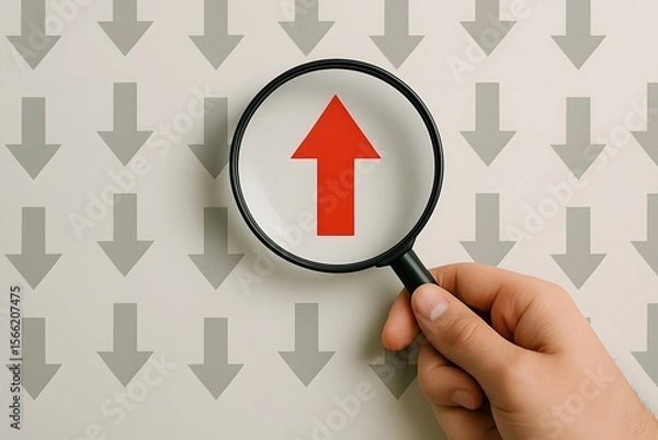 Fototapeta Magnifying glass focuses on a single red upward arrow amidst many gray downward arrows