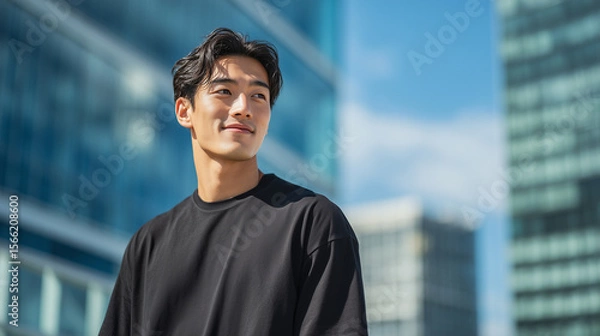 Obraz オフィス街を背景に自信に満ちた表情の若い男性 | モダンな都市風景