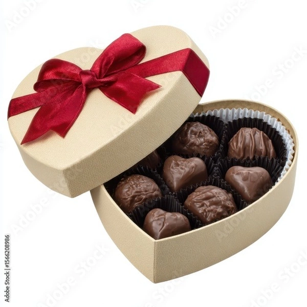 Fototapeta Heart shaped box filled with assorted chocolates tied with a red ribbon isolated on white background