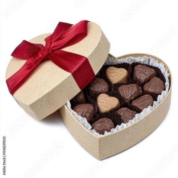 Fototapeta Heart shaped box filled with assorted chocolates tied with a red ribbon isolated on white background