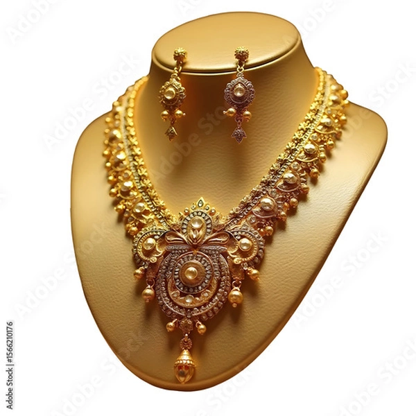 Fototapeta Ornate Gold Necklace Set with White Gemstones Displayed on Tan Jewelry Stand isolated on a transparent background