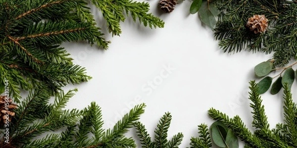 Fototapeta Evergreen Branches and Pinecones: A Serene Winter Frame