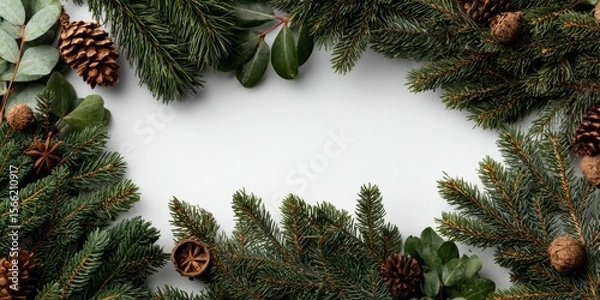 Fototapeta Evergreen Frame: Festive Greenery, Cones, and Spices in a Rustic Style