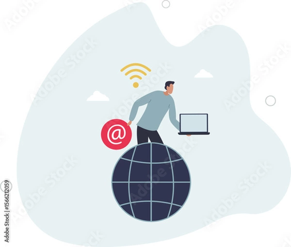 Fototapeta Telecommuting and work from home using phone internet .Distant job with wireless technology provision . character life .