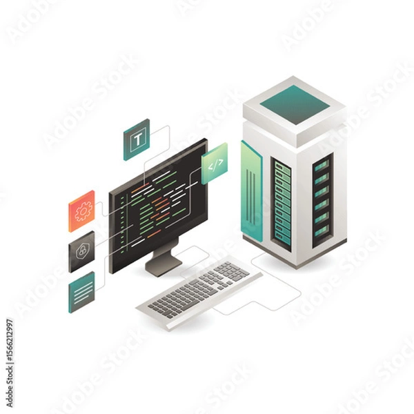 Obraz Isometric Server Room and Coding Development Illustration