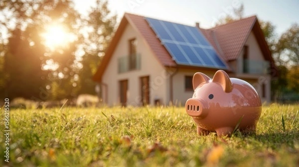 Fototapeta Piggy bank in front of a house with solar panels, symbolizing savings and sustainable energy.