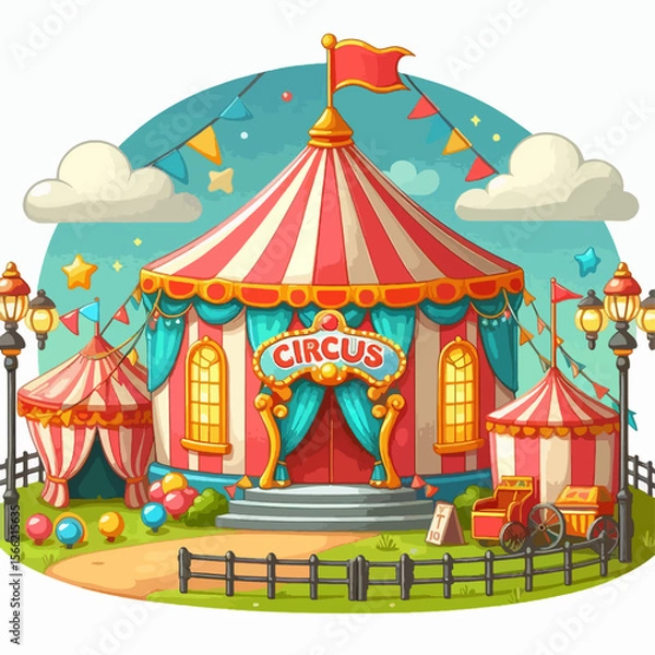 Fototapeta Vibrant cartoon illustration of a circus tent and surrounding area, featuring bright colors and playful design elements.  The scene is cheerful and inviting.