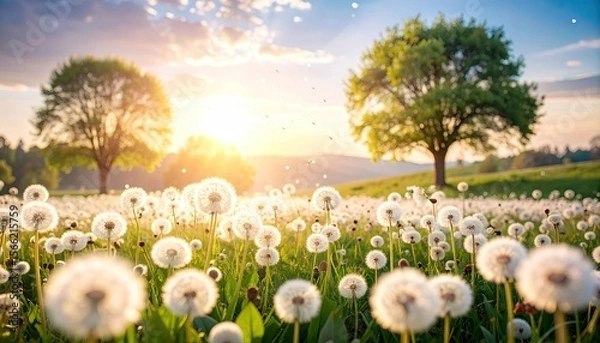 Fototapeta Dandelion Field with Gentle Breeze Under the Pastel Dreamy Sky at Sunset