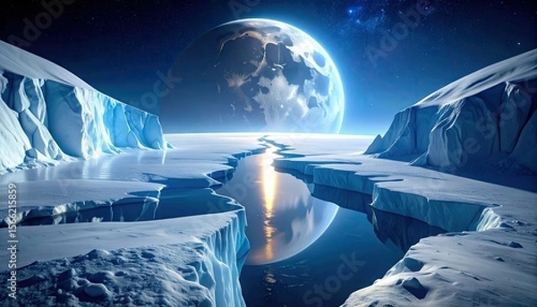 Fototapeta Deep Chasm Carved Into A Frozen Moon Surface Reflecting Celestial Light Under A Starry Night Sky