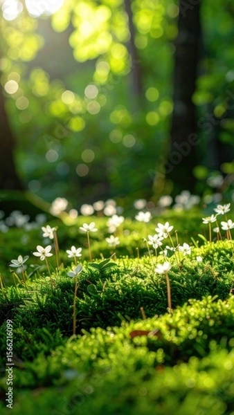 Fototapeta Dense Green Moss With Tiny White Blooms Lit By Sunlight In A Forest Setting
