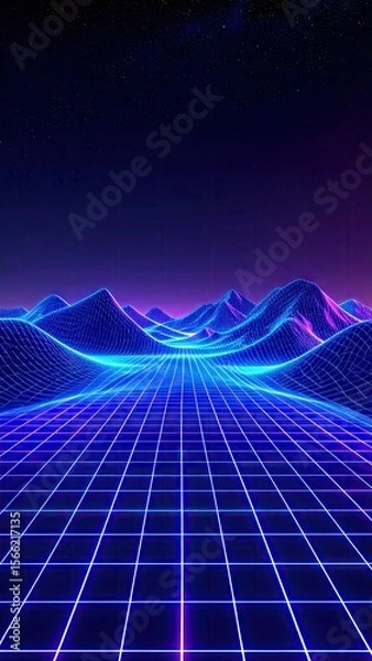 Fototapeta Digital Neon Landscape Rendered With Blue And Purple Lines Featuring Geometric Grids And Glowing Elements Under Starry Night