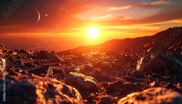 Fototapeta Dramatic Sunset Over Rocky Exoplanet Surface With Binary Sun and Celestial Bodies