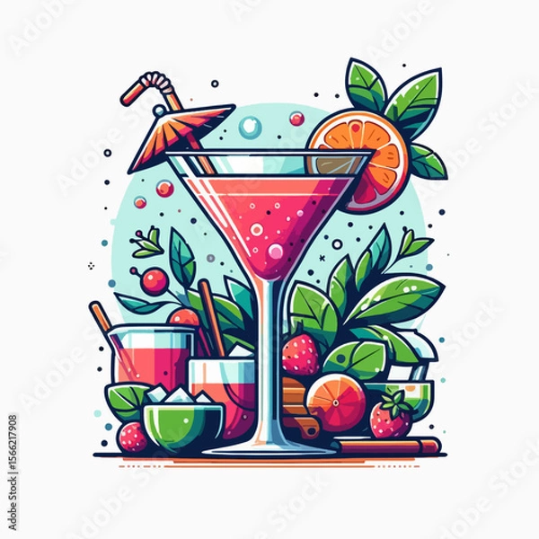 Obraz Stylized graphic design depicting a cocktail with various fruits and garnishes in bold vibrant colors.