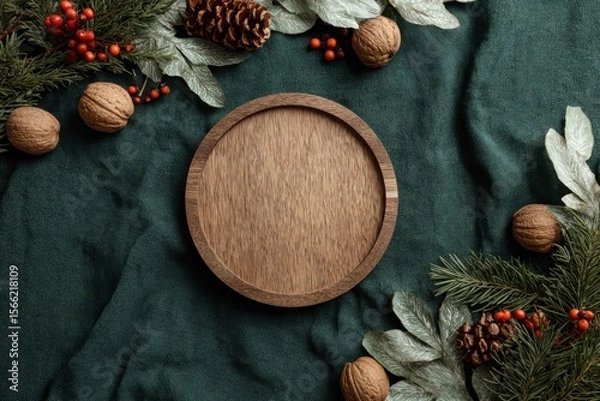 Obraz Wooden Round Tray with Festive Greenery and Nuts on Dark Green Fabric