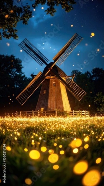 Fototapeta Enchanting Night Scene Of A Illuminated Windmill And Fireflies Glowing Over A Green Field With A Dark Blue Sky
