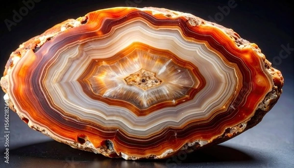 Fototapeta Exposed Section of Petrified Wood Showing Concentric Growth Rings with Warm Brown and White Banding on Black Background