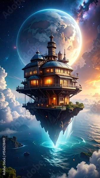 Fototapeta Fantastic Floating Structure Above Cloudy Planet Illuminated By a Large Moon and Starry Sky
